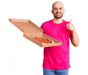 Young handsome man holding delivery pizza cardboard box smiling happy and positive, thumb up doing excellent and approval sign