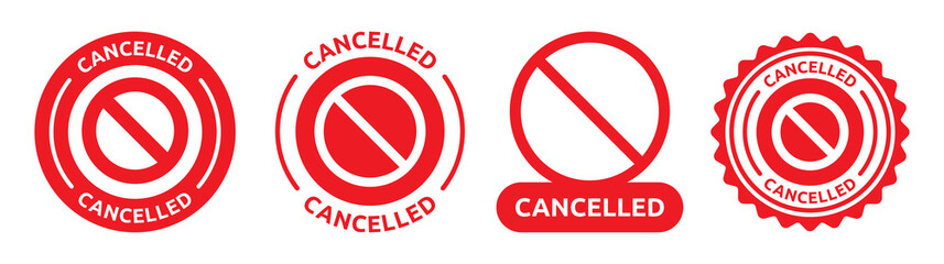 Cancelled label sign icon set. Red cancelled stamp collection.