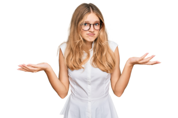 Beautiful young caucasian girl wearing casual clothes and glasses clueless and confused expression with arms and hands raised. doubt concept.