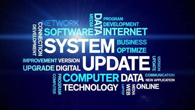 System Update animated tag word cloud;text design animation kinetic typography seamless loop.
