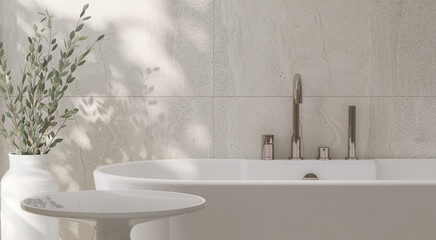 White round side table, ceramic bathtub and plant vase in modern and luxury bathroom with sunlight...