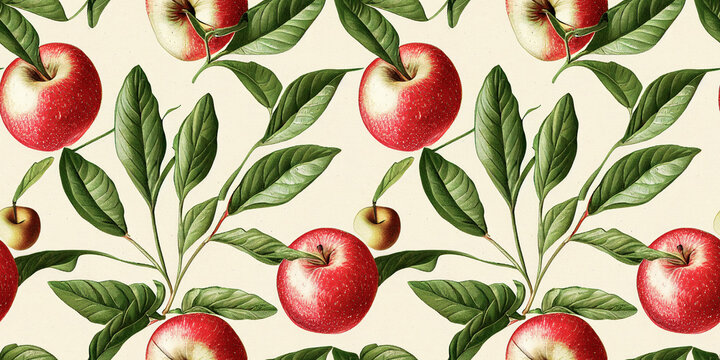 Fruit pattern. Seamless pattern of apple and leaves. Vintage botanical 3d illustration.