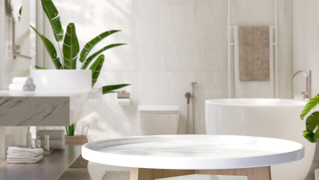 White round side table, bathtub, counter and tropical plant in modern and luxury bathroom with sunlight and leaf shadow on granite tile wall for personal care and toiletries product display