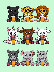Obraz premium Bundle vector illustration of cute animal drinking boba
