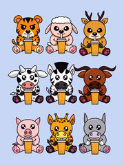 Obraz premium Bundle vector illustration of cute animal drinking boba