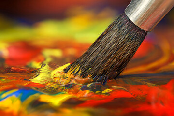 Paintbrush with oil paint on a classical palette