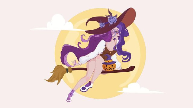 A witch with a broom in the halloween season