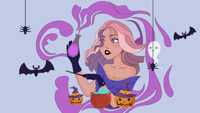 A witch with a bottle of secret potion in the halloween season
