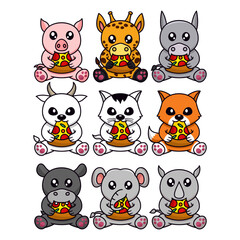 Bundle vector illustration of cute animals eating pizza