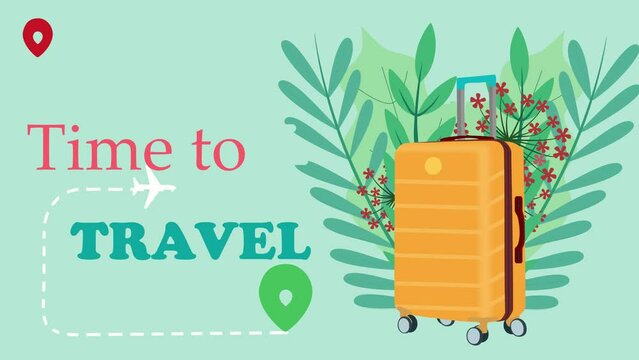 Time to travel, a luggage with plants in the back