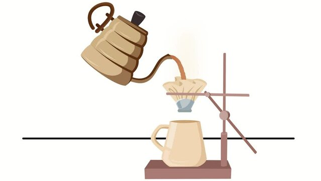 A cup of drip coffee from a brown kettle