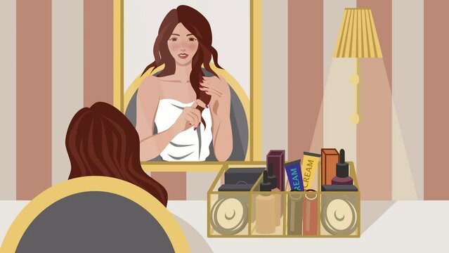 A lady sitting in front of a mirror combing her hair