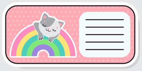Notebook label. Cat and rainbow. Baby stickers. Vector illustration