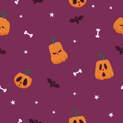 Pumpkins and bats seamless pattern. Happy halloween. Sppoky night. Halloween background