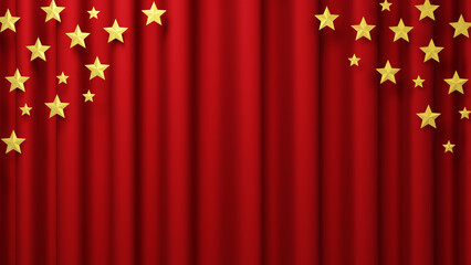 赤色のカーテンに金色の複数の星。背景素材。（横長）