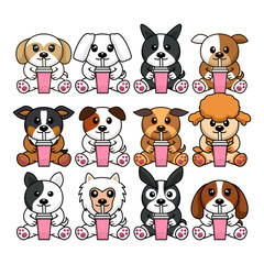 Fototapeta premium Bundle vector illustration of cute dogs drinking various kinds of boba