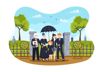 Funeral Ceremony in Grave of Sad People in Black Clothes Standing and Wreath Around Coffin in Flat Cartoon Hand Drawn Template Illustration