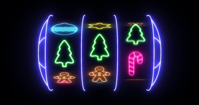 Christmas slots, animated with neon lights. Christmas symbols on the slot machine, 4K.