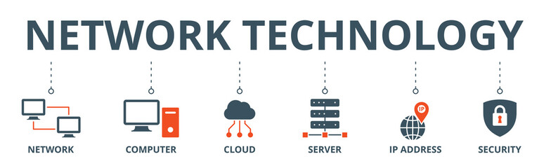 Network technology banner web icon vector illustration concept with icon of network, computer, cloud, server, ip address and security