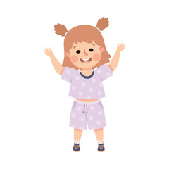 Little Smiling Girl Standing with Raised Up Hands Cheering Vector Illustration