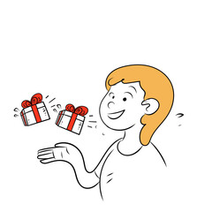 hand drawing doodle girl holding and showing gift box illustration vector