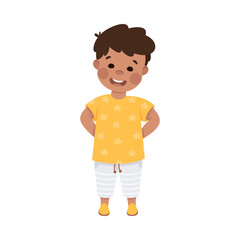 Little Smiling Boy Standing Hiding Hands Behind Vector Illustration