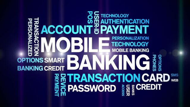 Mobile Banking animated tag word cloud;text design animation kinetic typography seamless loop.