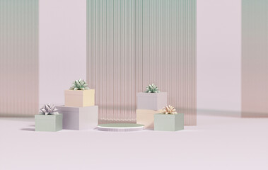 Merry Christmas and Happy New Year. Realistic design, pastel pink and green gift boxes with ribbon, light balloons, glass arch, round realistic stage, purple podium. Holiday background with 3d render 