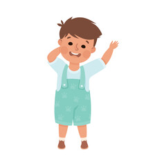 Little Smiling Boy Standing and Waving Hand Greeting Vector Illustration