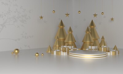 Christmas green theme product stage with tree and stars for promo or banner 3d illustration Premium Photo