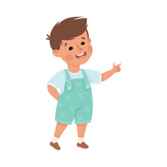 Little Smiling Boy Standing and Pointing with Index Finger Vector Illustration