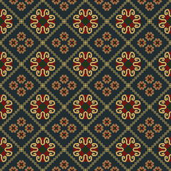 Indonesian African Indian Mexico Ethnic pattern Cross stitch pattern Seamless pattern for fabric print cloth dress carpet curtains rug Sarong dark green background flower floral 
