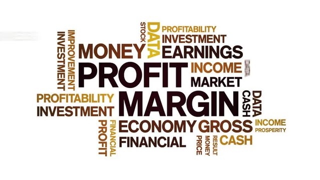 Profit Margin animated tag word cloud;text design animation kinetic typography seamless loop.