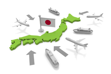 外国からの旅行者が日本に来る。日本の国旗。飛行機で日本に来る。船で日本に来る。