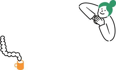 上を向いている女性とマグカップの湯気のフレーム素材