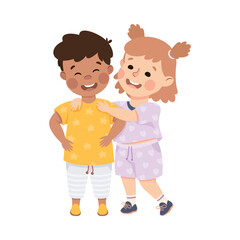 Little Smiling Boy and Girl Standing Together as Close Friends Vector Illustration