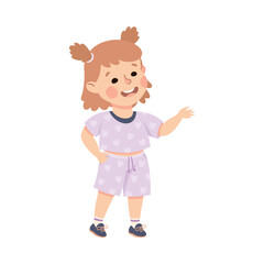 Little Smiling Girl Standing and Talking to Somebody Vector Illustration