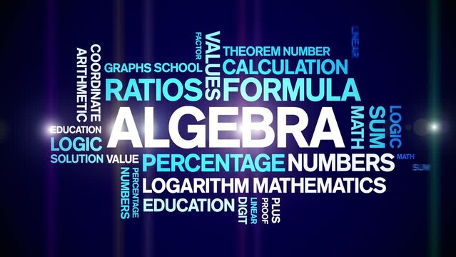 Algebra animated tag word cloud;text design animation kinetic typography seamless loop.