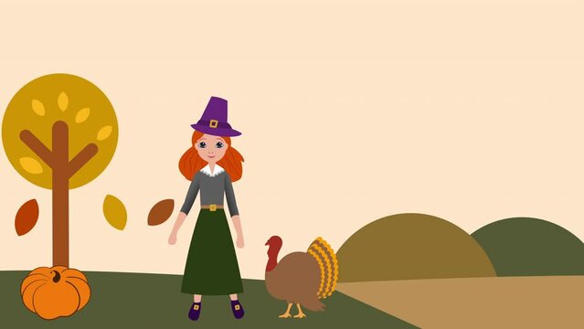 Happy Thanksgiving animation with pilgrim girl, pumpkin, turkey, and basket with vegetables
