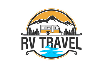 Recreational Vehicle logo design holiday journey traveler river lake car trailer mountain outdoor