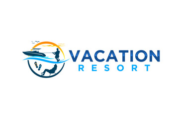 Waterskiing boat logo design beach vacation water sport action icon symbol illustration