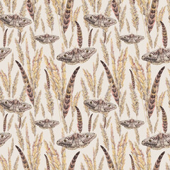 Seamless pattern watercolor boho bouquet dried flower and moth on white background. Hand-drawn beige spikelet and fern. Nature art for wedding celebration invite. Creative for wallpaper wrapping