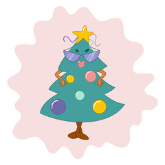 Funny Christmas tree character wearing sunglasses. Cartoon style. Fashionable pine. Vector illustration.