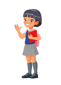 Asian school girl greeting. Cartoon vector illustration.
