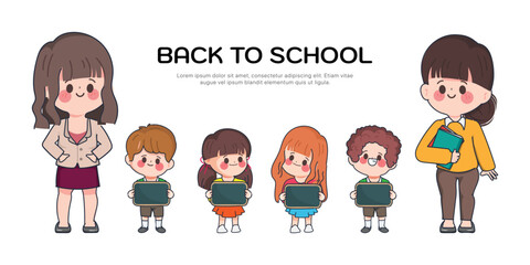 Little children student back to school concept standing with teacher. Cute cartoon hand drawn doodle style.