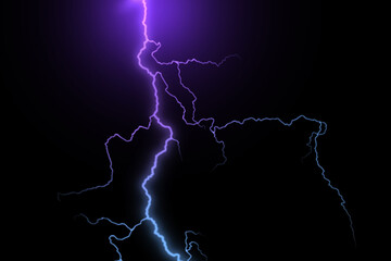 Massive lightning bolt with branches isolated on black background. Branched lightning bolt. Electric bolt.