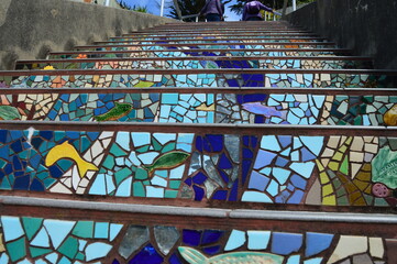 Close-up of the tiles in the 16th Avenue Tiled Steps, AKA Moraga Steps in San Francisco, CA