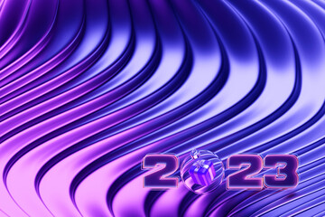 3d illustration of cartoon happy new year 2023 greeting card: new year banner with decor and  gifts
