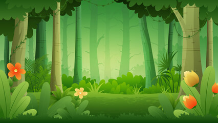Cute summer deep forest Cartoon Landscape with trees,bush and flowers Illustration © Astira
