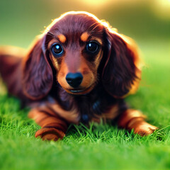 Cute Dachshund Puppy Laying In Grass In the Style of Real Photography | Created Using Midjourney + Photoshop